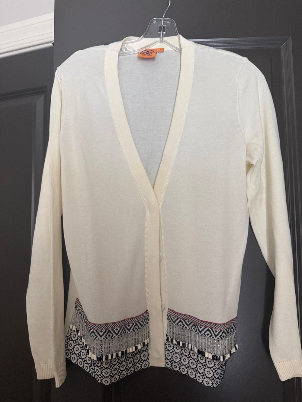 Tory Burch Ivory Cardigan with Fringe and Geometric Hem